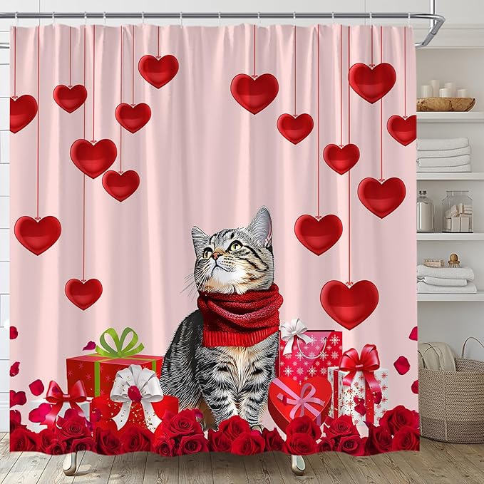 Valentine's Day Shower Curtain Cute Cat Romantic Red Heart Rose Love Couple Woman Girl Creative Bathroom Curtains Decor Fabric Set Include Hooks,(70" Wx84 H)