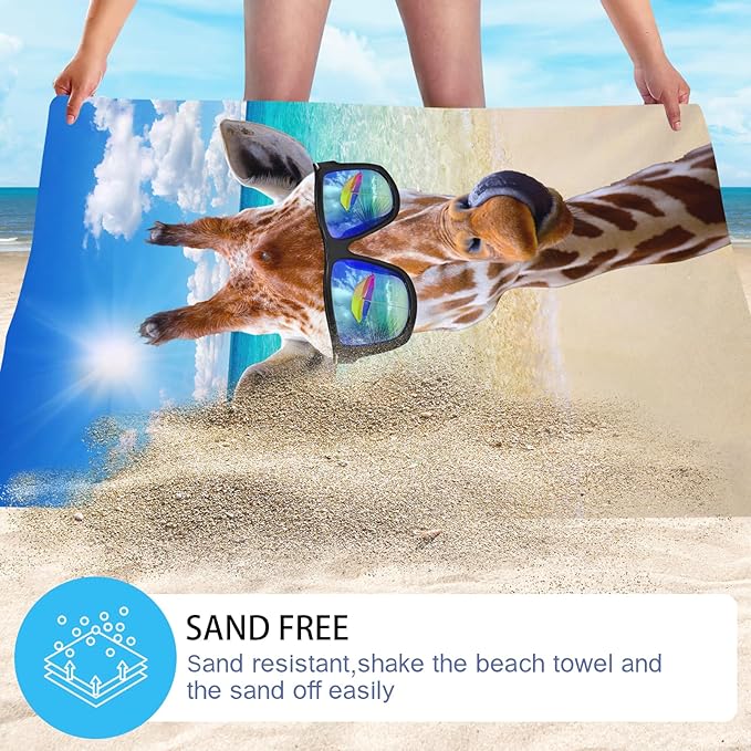 WZOMT Funny Giraffe Beach Towel Microfiber Cartoon Giraffes with Sunglass Summer Ocean Bath Towels for Kids Adults, Giraffe Gifts, Quick-Dry Absorbent Swim Pool Towel, Oversized 32x52 Inch