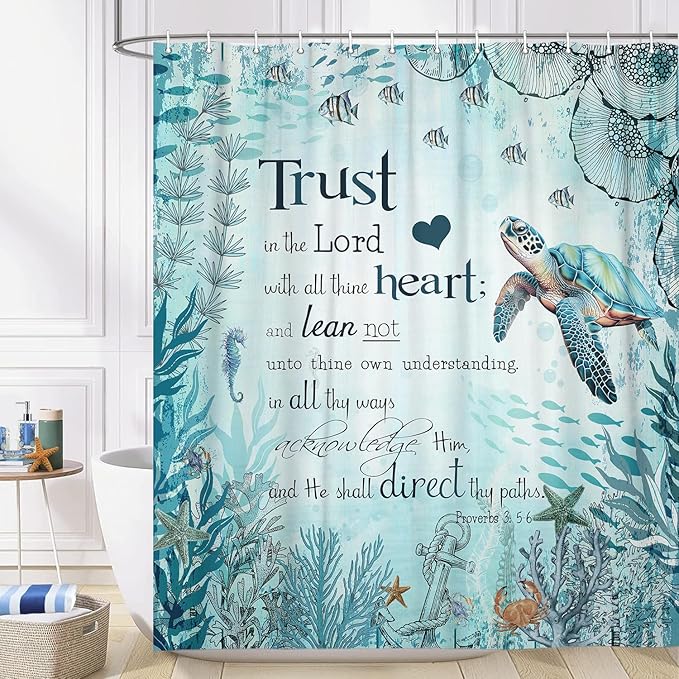 Beach Sea Turtle Bible Verse Shower Curtain, Cool Turtle on Blue Teal Coastal Nautical Theme for Bathroom, Underwater Animal Fish Seashell Jellyfish With Hooks, 60X70IN