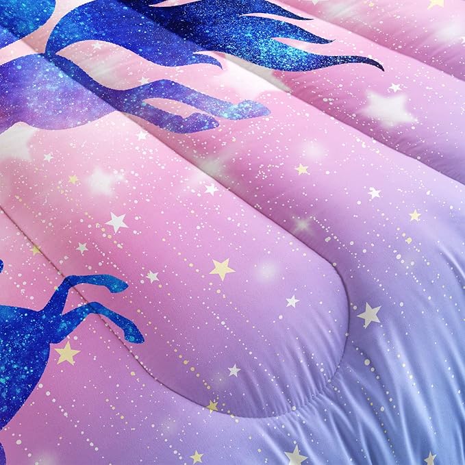 Bedding Comforter Set Starry Sky Unicorn Printed Pattern Quilt with 1 and 2 Pillowcases for Girls Bedroom All Season(Purple Twin) Twin 68x86inches