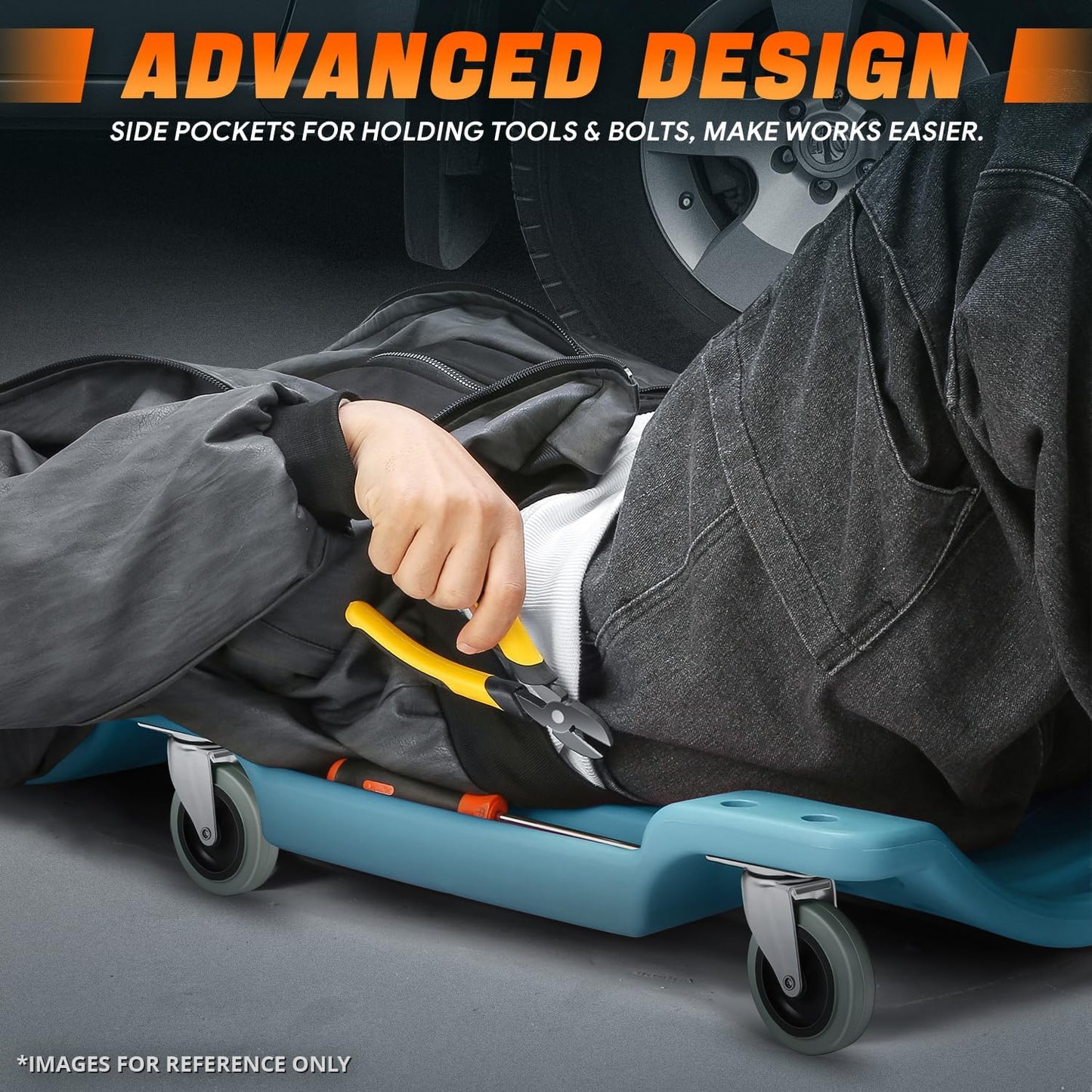 DNA MOTORING 40" L X 19" W Vehicle Repair Low Profile Plastic Rolling Garage Shop Creeper with Padded Headrest,Tool Trays & 6pcs Casters, Tiffany Blue, TOOLS-00217-TB