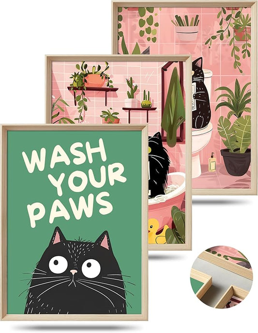 UPWOIGH 12"x16" Wood Framed Wall Art – Funny Black Cat Canvas Decor, Are You Pooping? Vintage Bathroom Poster Set of 3, Cute Reading Animal Humor Prints for Apartment, House, or Restroom Decoration