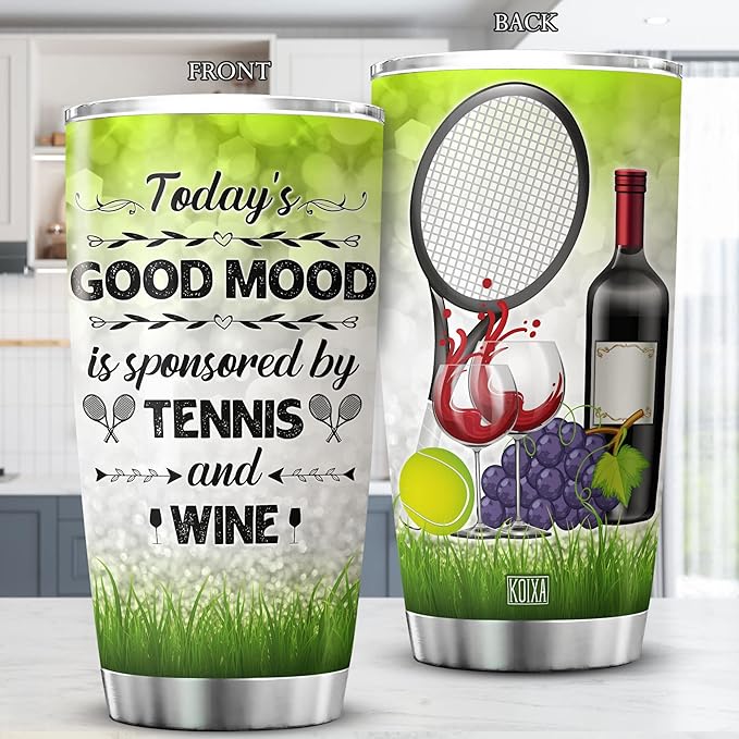 Tennis And Wine Stainless Steel Tumbler 20oz Funny Saying Coffee Cup With Lid Sport Enthusiast Tennis Lover Gift For Women Red Wine Themed Birthday Gifts Insulated Travel Mug
