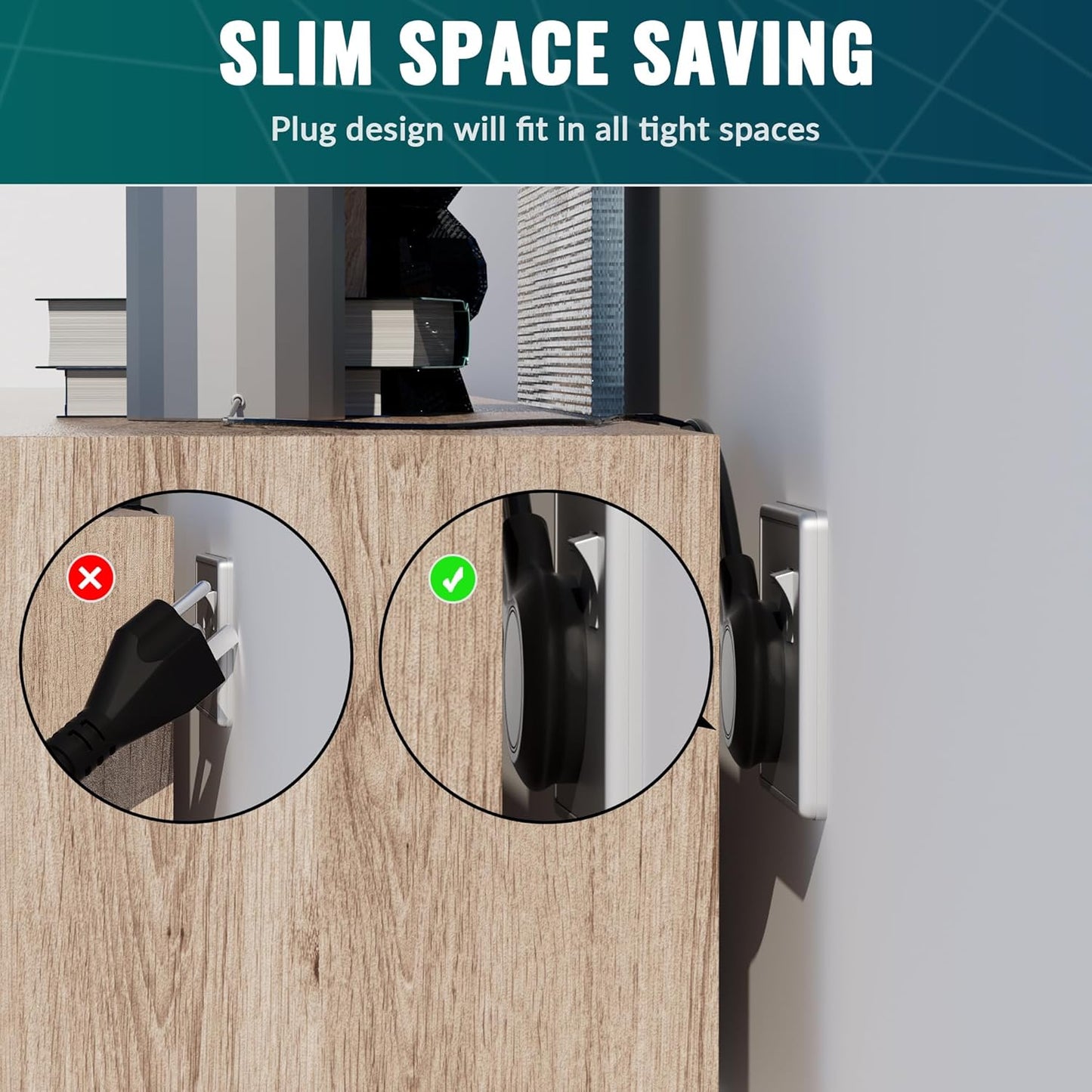 Elecan Flat Plug Extension Cord 8 Ft 2 Pack with Slim Space-Saving Plug Design, Thin Flat Cable Low Profile Power Cord 3 Prong Grounded Wire, 16 Gauge 13 A/125 V-Black-ETL Certified