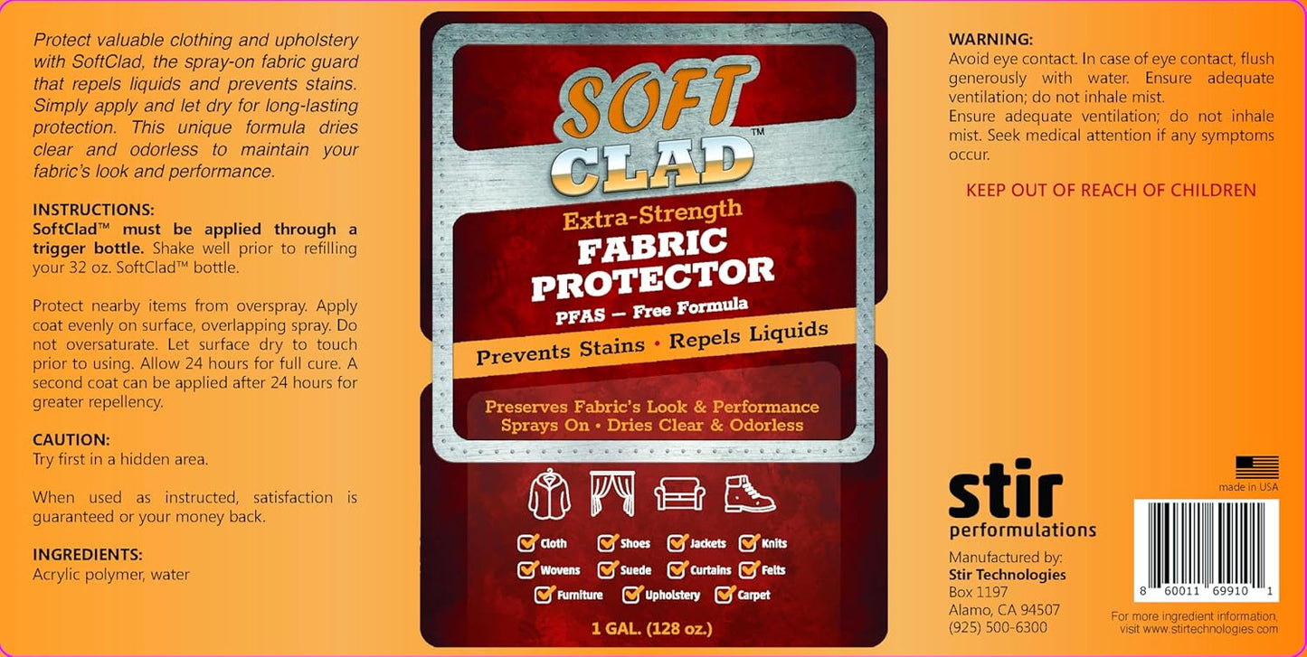 Extra Strength Fabric Protector Spray Prevents Stains and Repels Liquids. SoftClad Guards Furniture, Shoes, Carpet, Upholstery, Suede, Leather, Couch. Safe for Indoor Use. PFAS Free Formula. 1 Gallon