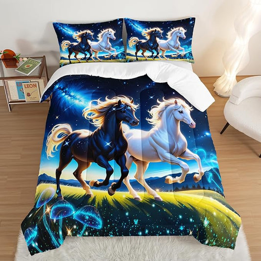 Western Bedding Sets Twin Size,Farmhouse Animal Theme Prairie Galloping Horse Comforter Set for Kids Girls Boys Room Decor,Dreamy Starry Sky Background Bedding Set with 2 Pillowcases.
