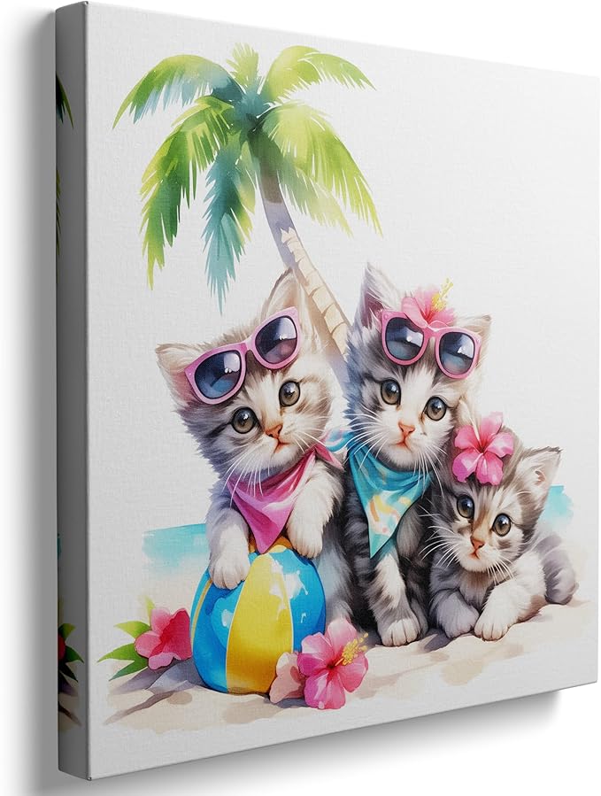 Ypxzzj Cute Kittens in Summer Vacation Canvas Wall Art, Three Kittens Under a Coconut Tree Printing Picture Cute Animal Cats with Glasses for Living Room Bathroom Framed Ready to Hang (14''x14'')