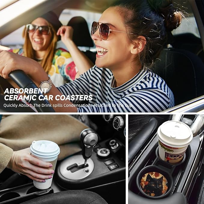 Absorbent Ceramic Car Coasters for Cup Holders, Black Cat Fall Leaf Design 2.56" Anti Slip Universal Drink Cup Coasters for Women Men (2 Pack)