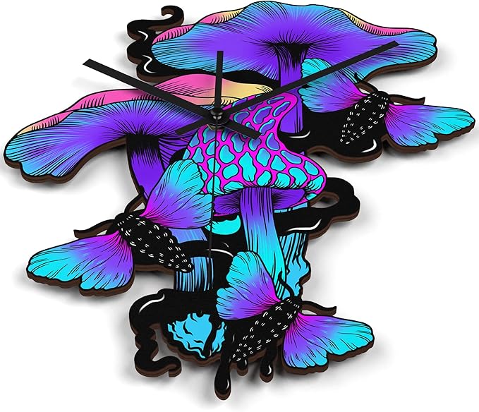 Wooden Wall Clock Trippy Mushrooms Non-Ticking Silent Battery Operated Home Decor DIY Numbers Cool Spooky Witchy House Warming Gift for Bedroom Girls Room Living Room Kitchen Halloween Fungi