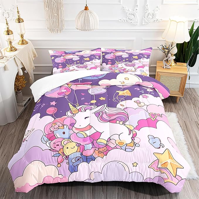Unicorn Bedding Queen Cartoon Unicorn Comforter Set,Cute Unicorn Printed Kids Bedding Set for Girls Kids Adults Teens,Kids Comforter Set All Season,1 Quilt 2 Pillow Cases,Purple