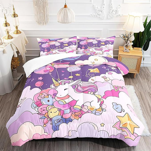 Unicorn Bedding Queen Cartoon Unicorn Comforter Set,Cute Unicorn Printed Kids Bedding Set for Girls Kids Adults Teens,Kids Comforter Set All Season,1 Quilt 2 Pillow Cases,Purple