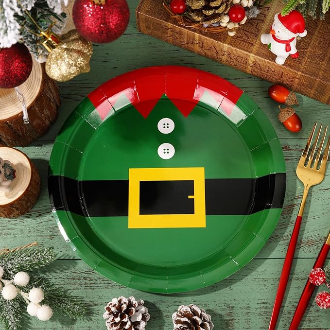 Whaline Christmas Paper Plates Santa Elf Disposable Plates Red Green Cute Xmas Dinnerware Plates Set 9 Inch for Winter Holiday Party Supplies Table Decor, 40Pcs