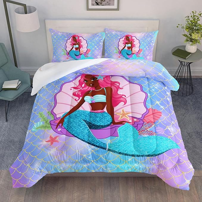 Bedding Comforter Set Black Girl Magic Mermaid Printed Pattern Quilt with 1 and 2 Pillowcases for Girls Bedroom All Season(Black Blue Queen) Queen 90x90inches