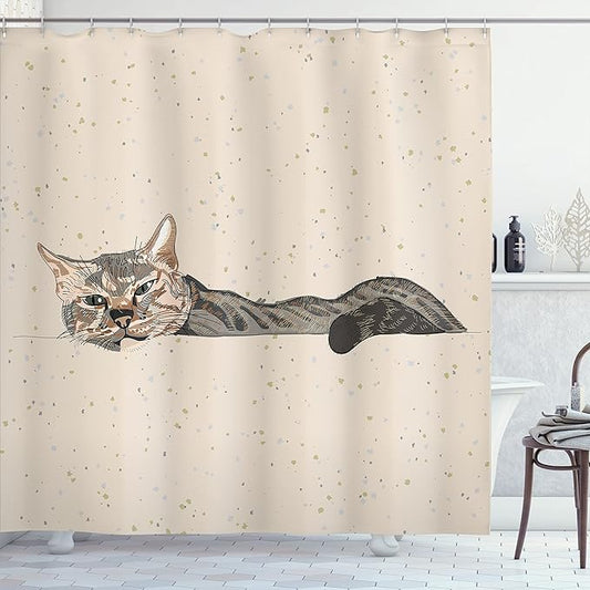 Ambesonne Cat Shower Curtain, Lazy Sleepy Cat in Earth Tones Furry Mascot Indoor Pet Art Illustration, Cloth Fabric Bathroom Decor Set with Hooks, 69" W x 75" L, Grey Beige