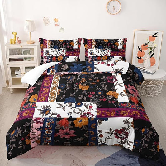 Boho Floral Comforter Set Queen Size Checkered Flower Bedding Sets 3PCS for Kids Teen Adult Retro Flowers Room Decor Ultra-Soft Lightweight Microfiber 1 Comforter with 2 Pillowcases
