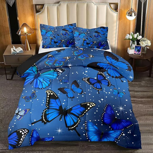 Blue Butterfly Bedding Set for Girls - Queen Size Quilt Set with Sparkle Stars Prints, 1 Comforter + 2 Pillowcases