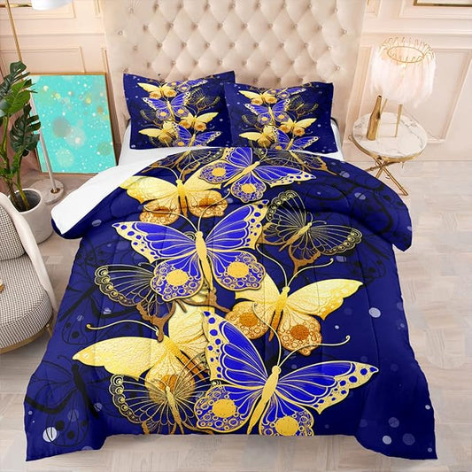 Butterfly Bedding Queen Size Comforter Set Blue Gold Butterfly Bedding Sets for Adult Teens Soft Lightweight Bed Quilt Sets for Bedroom, 3 Piece 1 Comforter + 2 Pillowcases