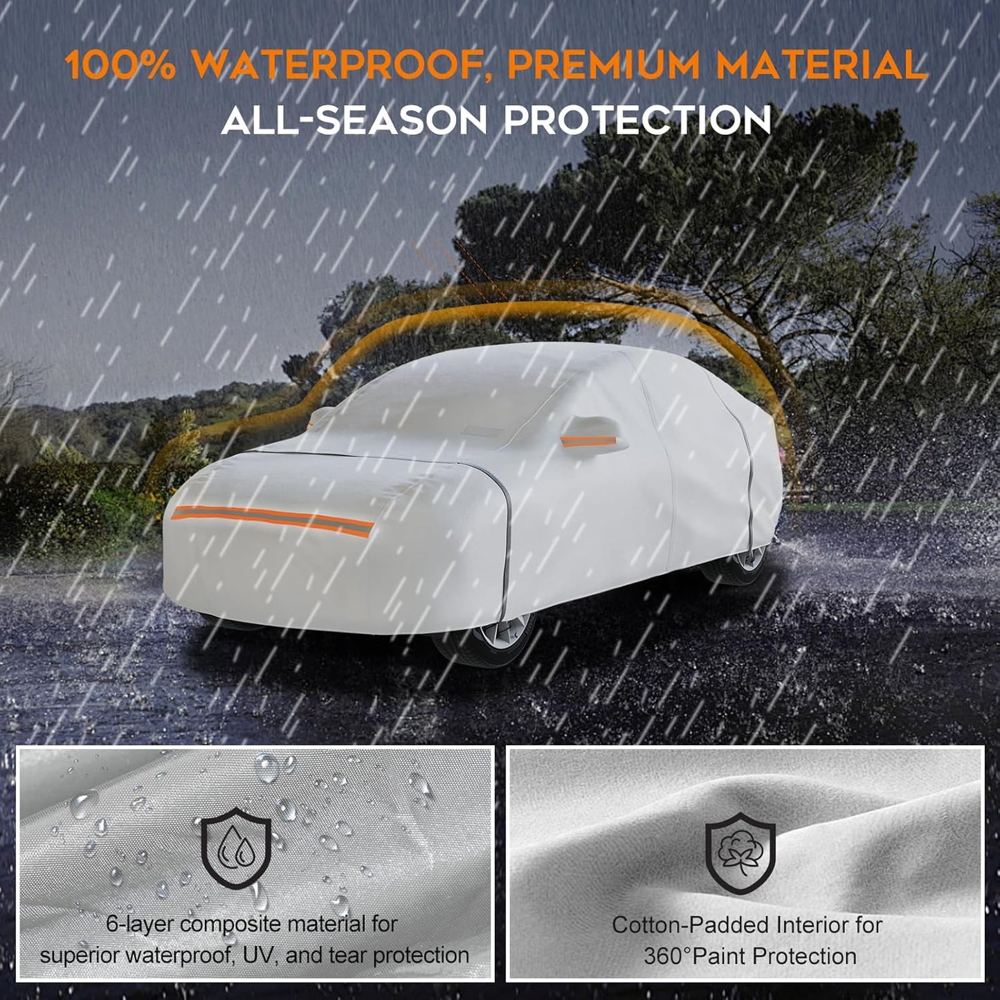 Waterproof Hatchback Car Cover: 6-Layer Protection from Rain, Snow, UV & Dust - Universal Fit up to 169 inches with Zipper Door & Windproof Straps for Outdoor, Garage, Travel Use,Silver