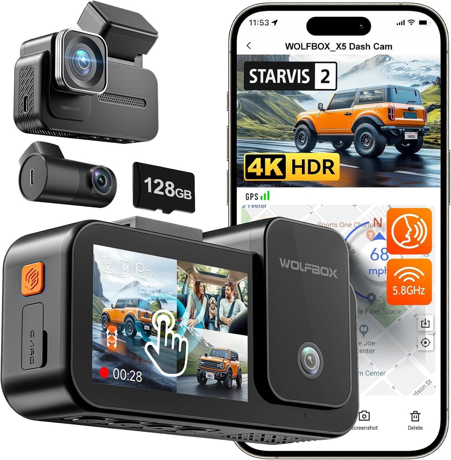 WOLFBOX X5 3 Channel 4K HDR Dash Cam, STARVIS 2 IMX678 Night Vision, 4K+2.5K+1080P Front and Rear Inside Car Camera with 128GB Card and GPS, Support Voice Control, Touch Screen and 5.8GHz WiFi