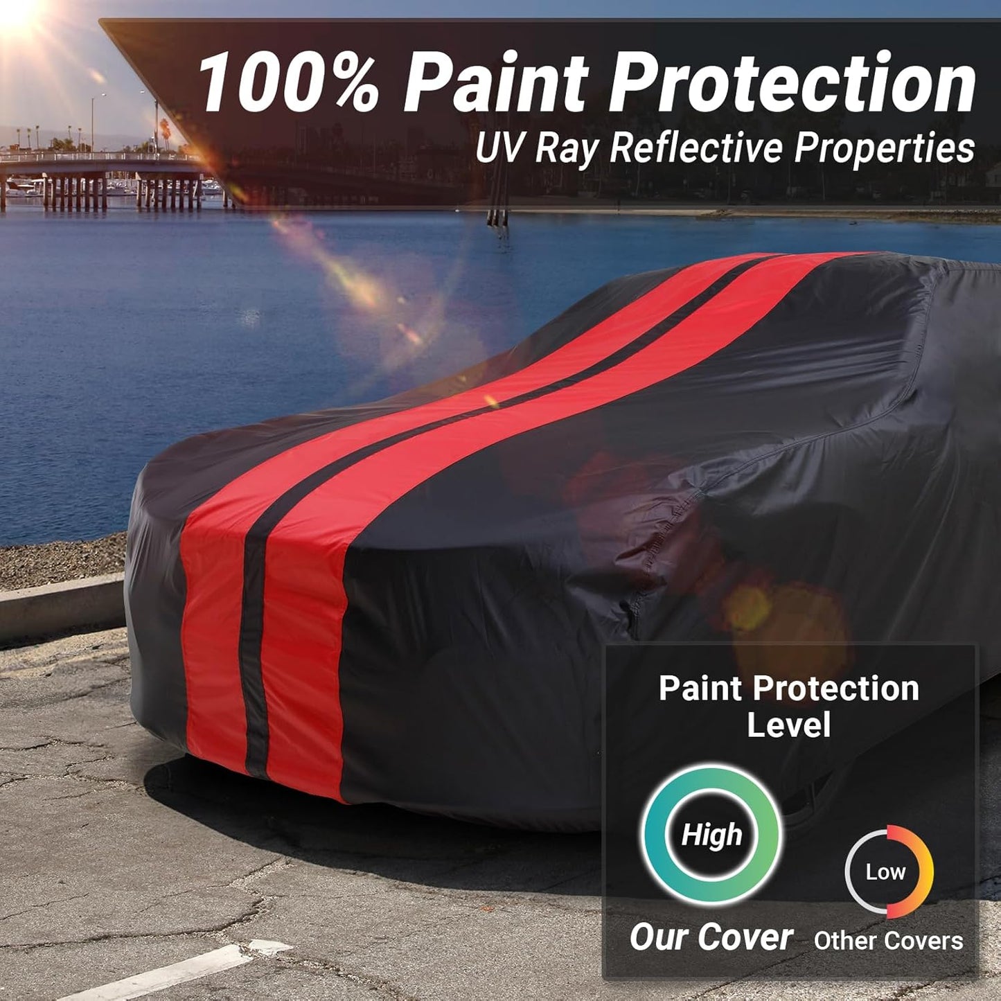 iCarCover Custom Car Cover for Chevy Chevette (1976-1987) Waterproof All Weather Rain Snow UV Sun Protector Full Exterior Indoor Outdoor Car Cover (Stripe - Black/Red)