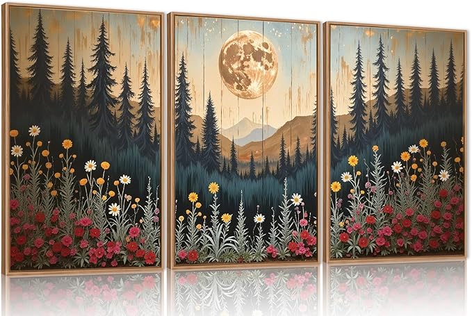Vintage Moon Forest Framed Canvas Wall Art Set, Wildflower Forest Mountain Wall Decor, Nature Pine Tree Wall Painting, Colorful Floral Art Prints for Living Room, Bedroom, Office - 16"X24"X3
