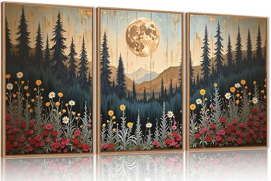 Vintage Moon Forest Framed Canvas Wall Art Set, Wildflower Forest Mountain Wall Decor, Nature Pine Tree Wall Painting, Colorful Floral Art Prints for Living Room, Bedroom, Office - 16"X24"X3