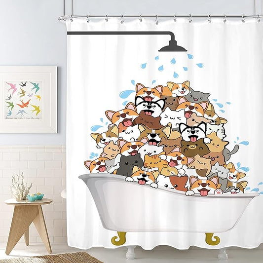 SVBright Cats Shower Curtain Kids Cute Cartoon Dogs Corgi Cute Animal Bathtub 60Wx72L Inch Funny Kawaii Hilarious Pet Playing Water12 Pack Hooks Polyester Waterproof Fabric Bathroom Bathtub Panels