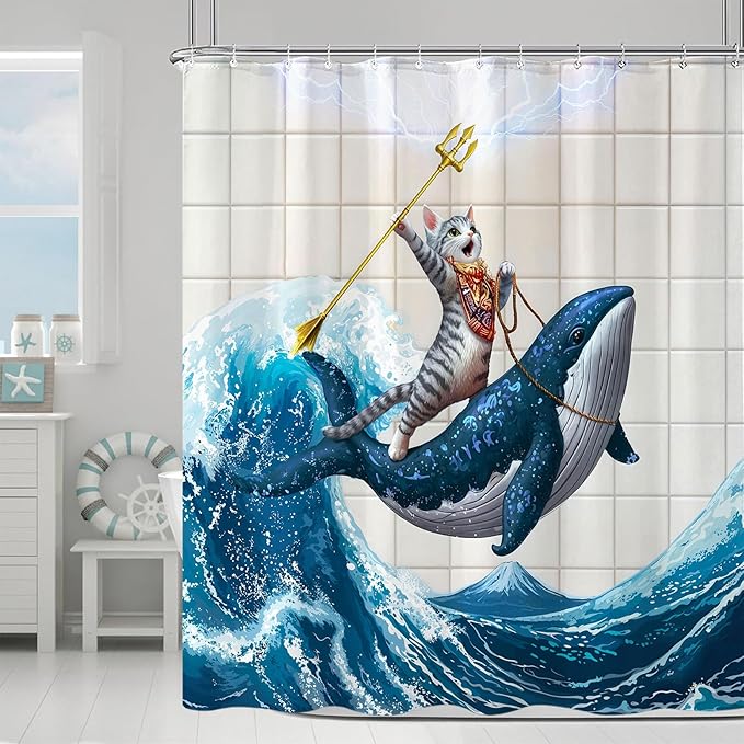 Yeoiat Cat Shower Curtain Ocean Funny Shower Curtain Whale Shower Curtains for Bathroom Fun Shower Curtain Set with 12 Hooks Whale04 72×72 Inches