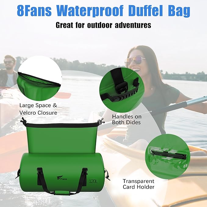 8 Fans Extra Large Waterproof Duffle Bag,Heavy Duty Travel Dry Bag with Durable Straps & Handles, Ideal for Kayaking,Paddleboarding,Boating,Rafting,and Fishing (Green, 120L)