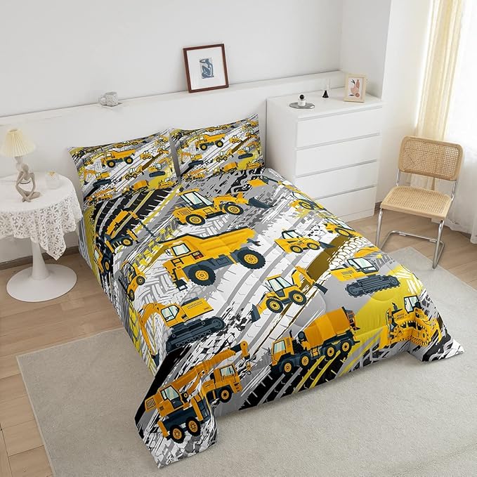 Boys Construction Comforter Set Truck Bedroom Decor for Kids Girls Under Construction Vehicles Down Comforter Nursery Children Cartoon Machinery Truck Excavator Bedding Tractor Cars Duvet Quilt,Twin