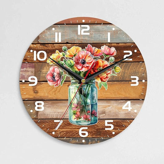 Wall Clock, 10 Inch Silent Non-Ticking Home Kitchen Decor, Battery Operated for Bathroom Bedroom Living Room Office(Flower Vase Wood)