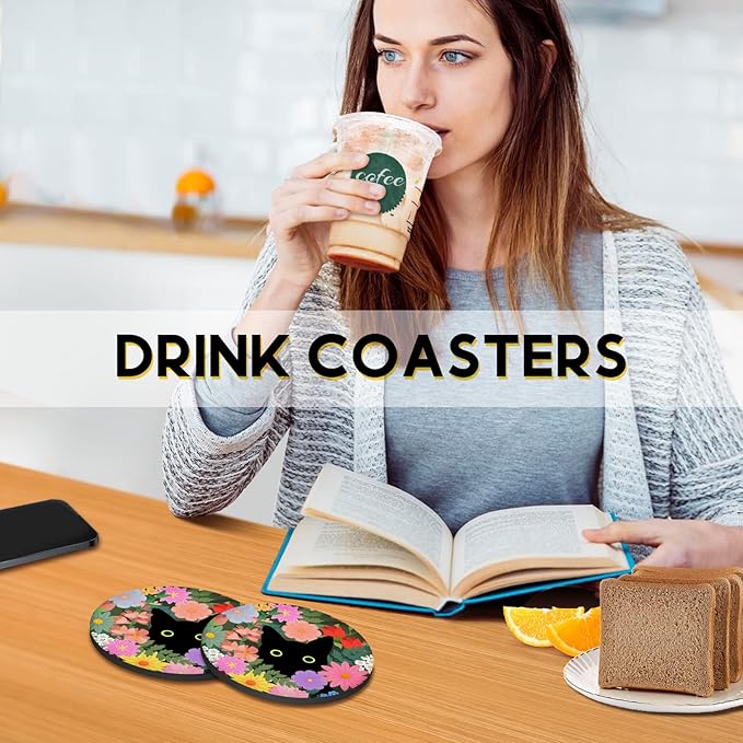 Swooflia Coasters for Drinks Coffee Table, Flower Black Cat Cute Colorful Silicone Absorbent Cup Coaster Set Housewarming Kitchen Home Wooden Desk Office Bar Tabletop Decor 6 Pack