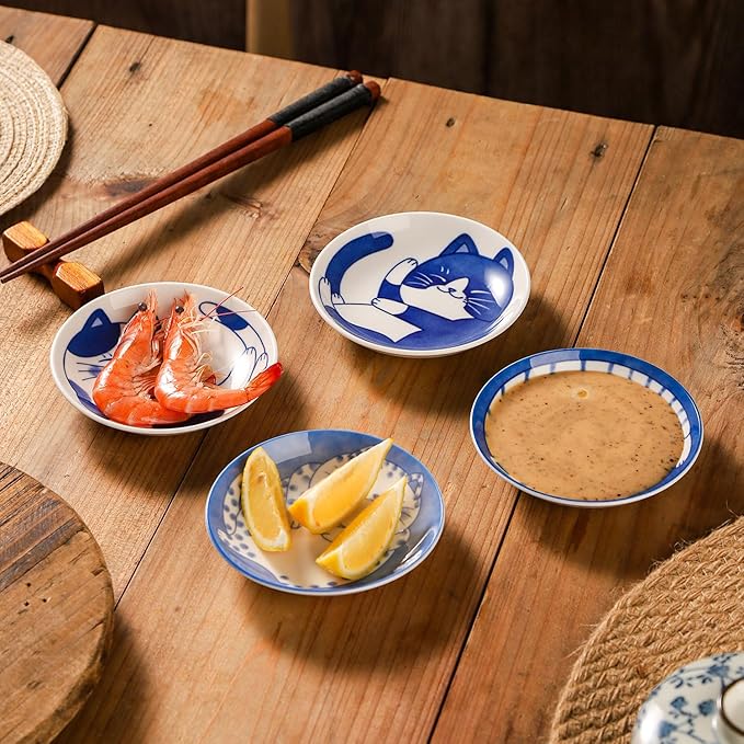 VanEnjoy Small Cute Ceramic Dishware Sets, Kawaii Cat Plates, Blue Shushi Plate Set Of 4, Japanese Plates, Dessert Plates Ceramic
