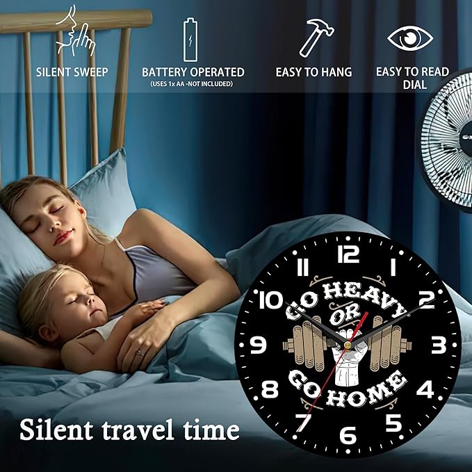 Wall Clock, 10 Inch Silent Non-Ticking Home Kitchen Decor, Battery Operated for Bathroom Bedroom Living Room Office(Gym Quotes)