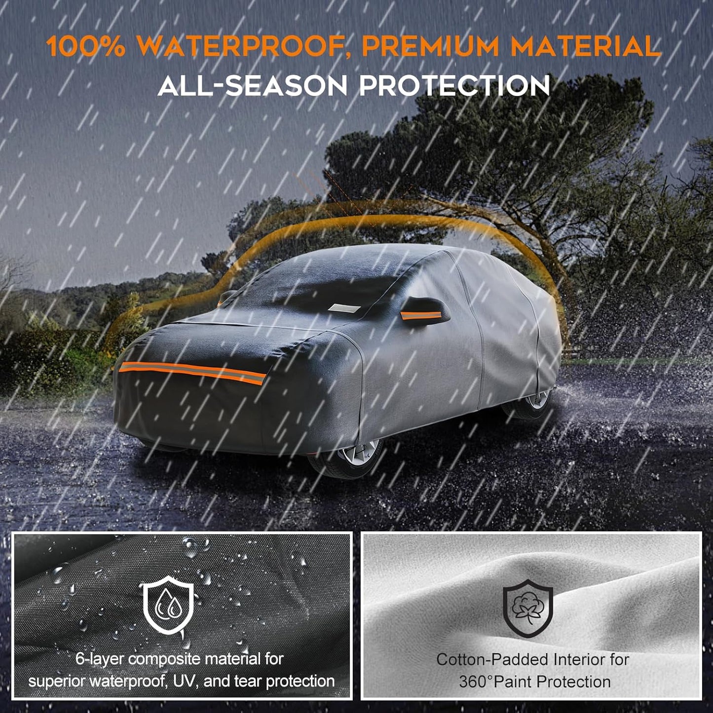 Hatchback Car Cover Waterproof All Weather for Automobiles，Outdoor Heavy Duty Full Exterior Covers with Zipper Door, Rain Sun Snow Dust UV Protection, Windproof Straps & Reflective Strips(Up to 165")