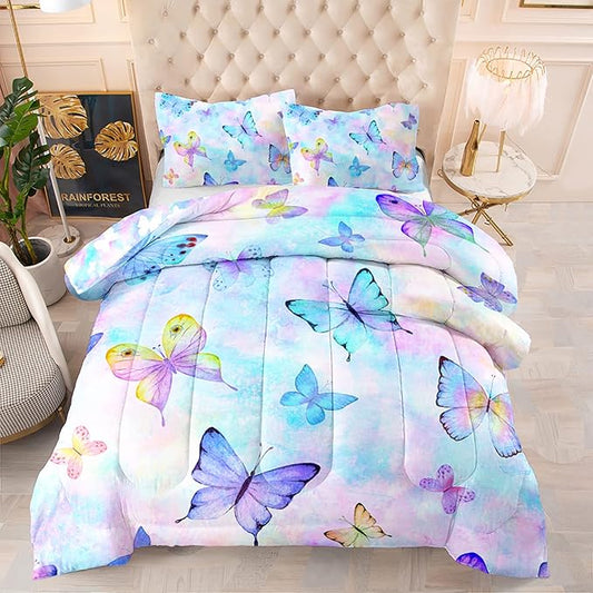 BSNTHO Butterfly Comforter Set Reversible Design Blue Tie Dye Bedding Set Twin Size Rainbow Watercolor Comforter 3 Pieces Super Soft Lightweight