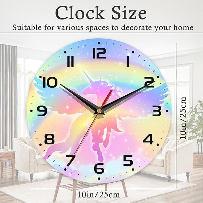Wall Clock, 10 Inch Silent Non-Ticking Home Kitchen Decor, Battery Operated for Bathroom Bedroom Living Room Office(Rainbow Unicorn)