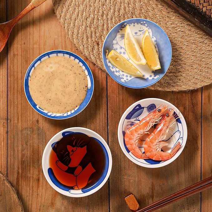 VanEnjoy Small Cute Ceramic Dishware Sets, Kawaii Cat Plates, Blue Shushi Plate Set Of 4, Japanese Plates, Dessert Plates Ceramic