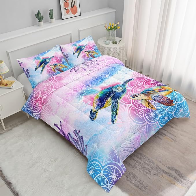 Watercolor Turtle Comforter Bedding Set for Kids Teens,Pink and Blue Ocean Themed Sea Pattern Microfiber Comforter with 2 Pillowcases(Watercolor Turtle Queen)