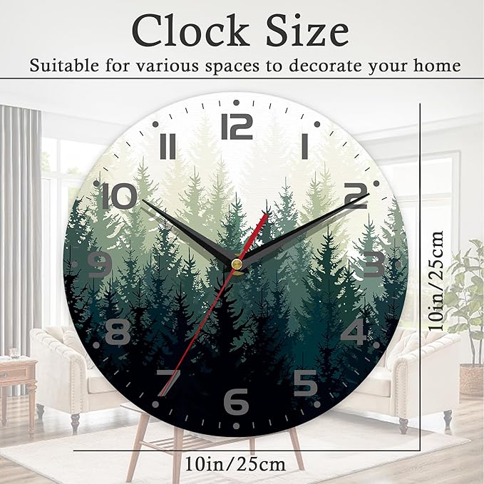 Wall Clock, 10 Inch Silent Non-Ticking Home Kitchen Decor, Battery Operated for Bathroom Bedroom Living Room Office(Misty Forest)