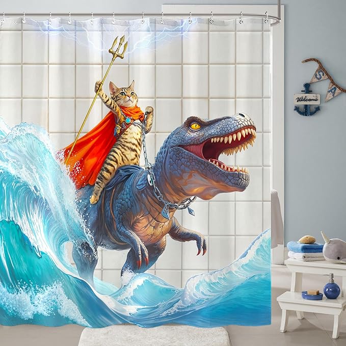 Yeoiat Cat Shower Curtain Ocean Funny Shower Curtain Dinosaur Shower Curtains for Bathroom Wave Shower Curtain Set with 12 Hooks Dinosaur05 72×72 Inches