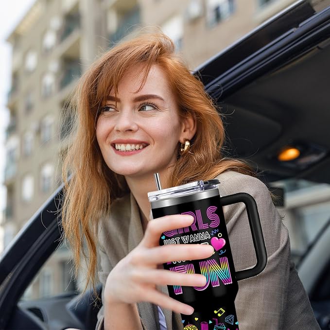WWHSAl Girls Just Wanna Have Fun Neon Girl Tumbler 40oz with Handle, Funny Girls Night Bachelorette Party Slumber Party Pajama Partys Coffee Cup Trendy Gift for Teen Girl Birthday