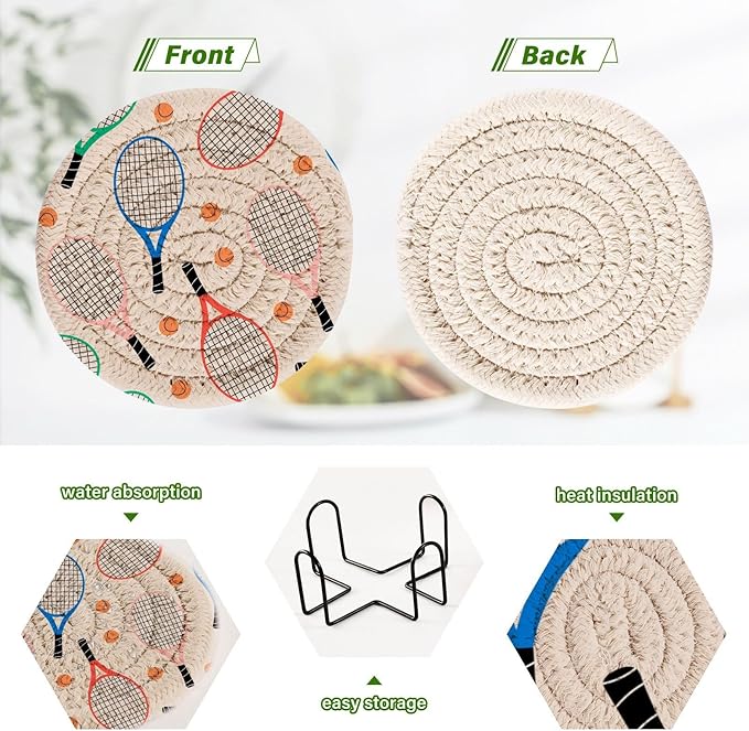 Tennis Rackets Balls Coasters for Drinks Set of 6 Woven Drink Coaster Set Absorbent for Housewarming Gift Coffee Table Home Decor