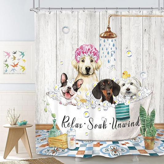 SVBright Funny Dog Shower Curtain 72Wx72L Inch Farmhouse Vintage Cute Animals Puppy Shower Wooden Plank Bubbles Rustic 12 Pack Hooks Polyester Waterproof Fabric Bathroom Bathtub Panels