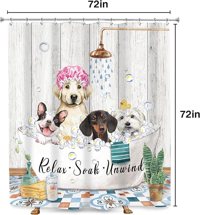 SVBright Funny Dog Shower Curtain 72Wx72L Inch Farmhouse Vintage Cute Animals Puppy Shower Wooden Plank Bubbles Rustic 12 Pack Hooks Polyester Waterproof Fabric Bathroom Bathtub Panels