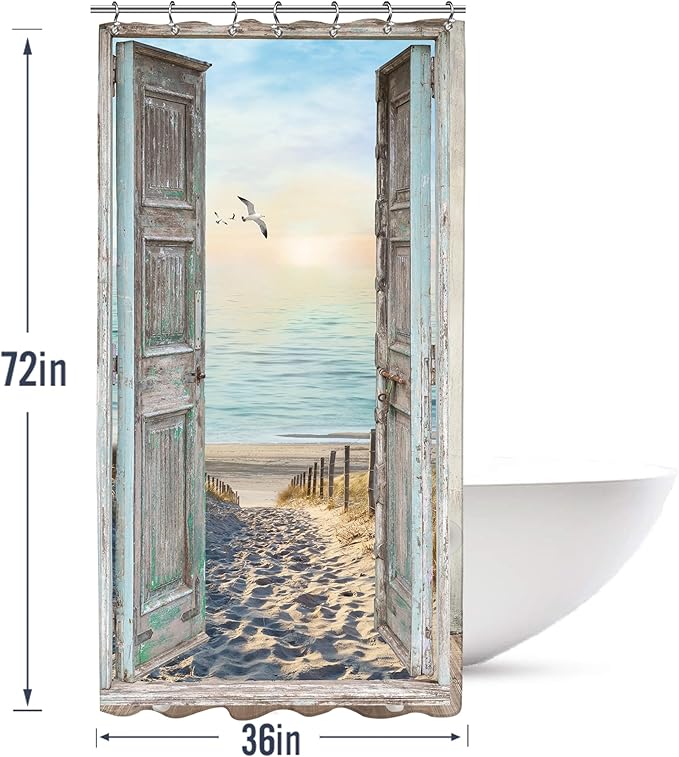Yookeb Stall Beach Coastal Seaside Bathroom Shower Curtain 36W by 71H Inch Half Ocean Rv Hawaiian Sea Sunset Narrow Barn Door Scenery Rustic Landscape Polyester 7 Plastic Hooks Waterproof Decor