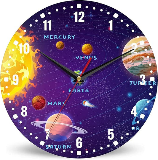 SPUNKER Wall Clock,Solar System 10 Inch Wall Clock,Planets Sun Earth Small Battery Operated Wall Clocks Decorative for Kitchen/Living Room/Bedroom/Bathroom/Dining Room