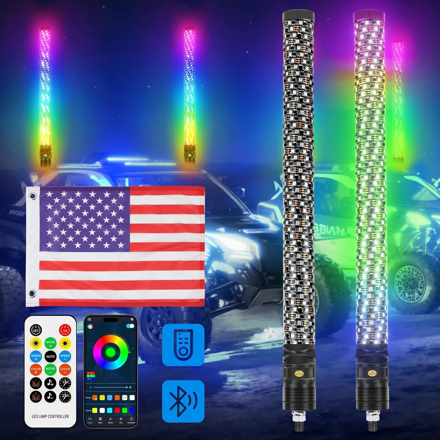 DREAMIZER 2PCS 2FT Fat Whip Lights 360°Spiral Chase Offroad Warning Lighted Antenna LED Whips Side by Side with Turn Signal Brake Reserving Lights for UTV ATV RZR Can-Am SXS Polaris Offroad Truck