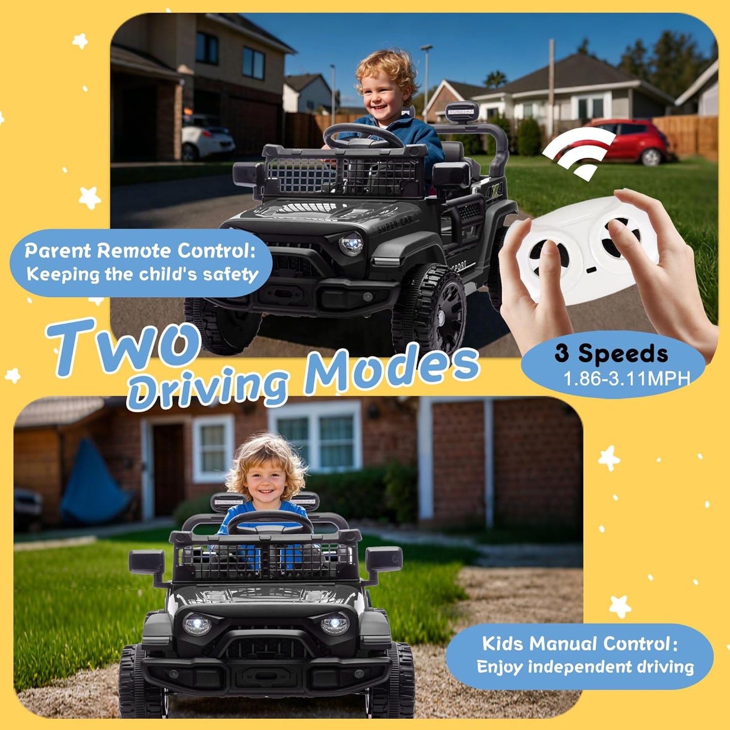 24V Ride on Toys with Parents Control, Ride on Truck Car with Four-Wheel Suspension, Electric Vehicles for Kids, Power Display, Bluetooth, MP3, Music, LED Headlight, 1.86-3.11MPH (Black)
