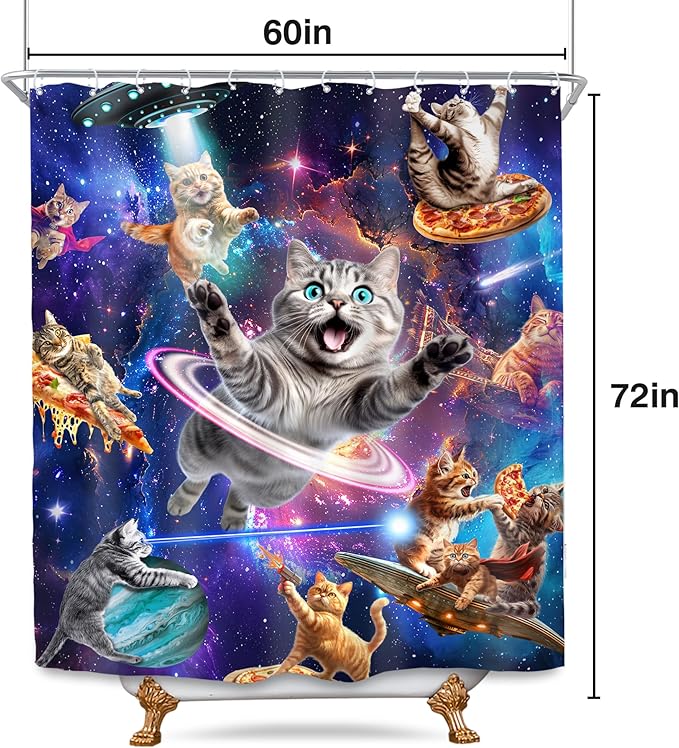 SVBright Funny Cat Shower Curtain 60Wx72L Inch Kids Space Galaxy Cute Fun Cool Pet Animal Hilarious Nebula Starry Fantasy Universe Boys 12 Pack Hooks Polyester Waterproof Fabric Bathroom Bathtub Panel